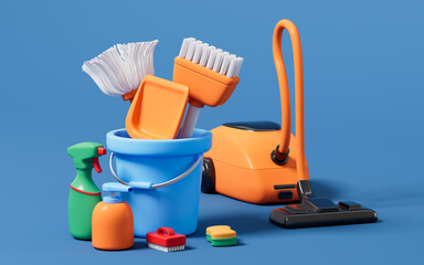 Cartoon mop,broom ,dustpan , detergent and vacuum cleaner in the blue background, 3d rendering.