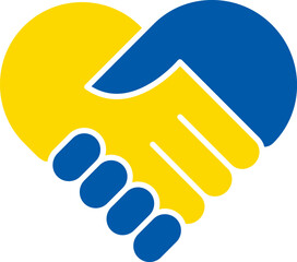 Flat icon of handshakes of two hands in the form of a heart in the colors of the Ukrainian flag
