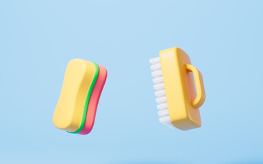 Cartoon brush and sponge in the blue background, 3d rendering.
