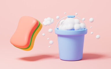 Cartoon pail and sponge in the pink background, 3d rendering.