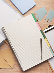Flat lay, top view office table desk.