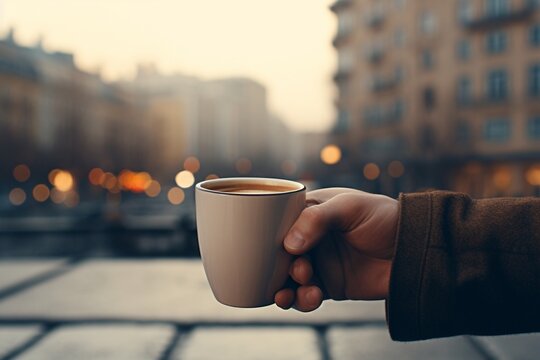 Un hombre sujerando una taza de café cn la mano. Aire libre. Ciudad