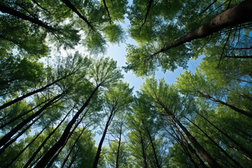 view of tall trees from below