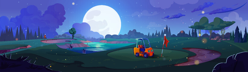 Night golf course field landscape cartoon vector illustration. Flag, ball and car on green grass yard in sport club. Beautiful blue sky with stars and shining full moon. Nature and ground for game - obrazy, fototapety, plakaty