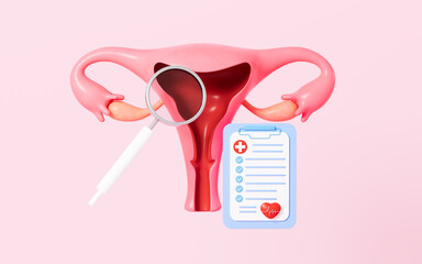 Report and uterus, uterine examination, gynecological examination, 3d rendering. - obrazy, fototapety, plakaty