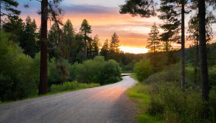 Fototapeta premium A serene sunset road winding through a forest
