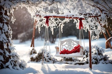 Wooden swing surrounded by snow and beautiful view of winter 
