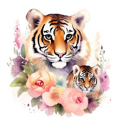 Naklejka premium Cute mother tiger with baby with flowers Illustration, Generative Ai