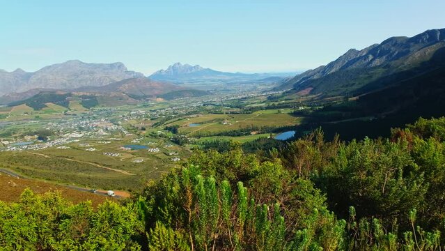 Sweeping top view over lush wine growing valley of Franschhoek, South Africa