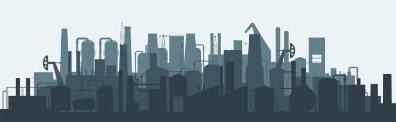 Factory silhouettes landscape. Manufactures, oil and gas extraction and storages. Industrial buildings, modern manufacturing complex decent vector panorama - obrazy, fototapety, plakaty