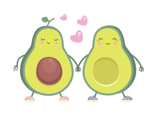 Cartoon avocados in love. Avocado boy and girl together and pink hearts. Fresh food characters clothes print or postcard, nowaday vector template