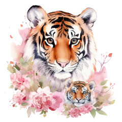 Cute mother tiger with baby with flowers Illustration, Generative Ai