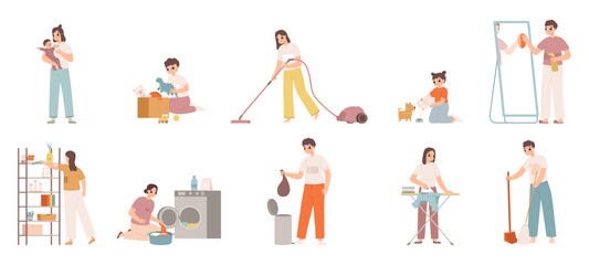 Cute housewives character. Young woman cleaning house, girl doing housework. Isolated cartoon housekeeper and nanny, cooking and clean snugly vector set - obrazy, fototapety, plakaty