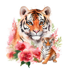 Naklejka premium Cute mother tiger with baby with flowers Illustration, Generative Ai