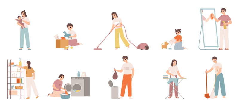 Cute Housewives Character. Young Woman Cleaning House, Girl Doing Housework. Isolated Cartoon Housekeeper And Nanny, Cooking And Clean Snugly Vector Set