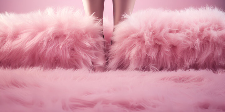 Barbie doll feet with high heels pink fluffy shoes standing on pink fluffy carpet,Barbie Doll's High Heels: Pink Fluffy Shoes on a Cozy Fluffy Carpet
