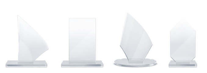 Glass trophies set isolated on white background. Vector realistic illustration of 3d winner awards, abstract hexagon, rhombus, rectangle prize mockups on plastic platforms, best result in competition
