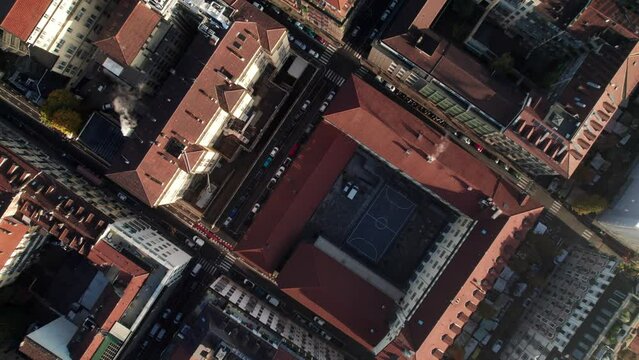Apartments and housing blocks in downtown Torino, Italy, overhead aerial view