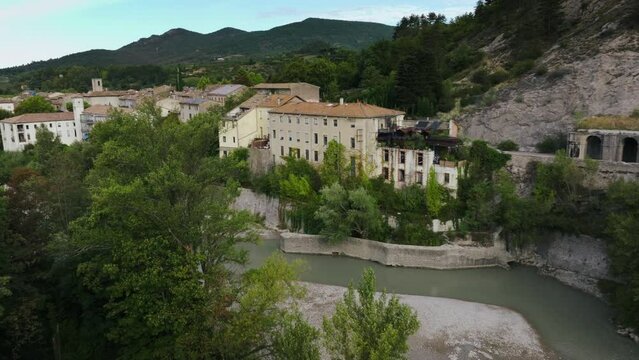 Aerial view of small village of Saillans, river Dr&ocirc;me.  Located in the Dr&ocirc;me department, in the Auvergne-Rh&ocirc;ne-Alpes region.