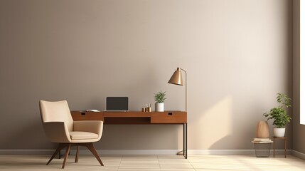 a modern and minimalist office interior, in the style of light gray and dark beige, american mid-century design