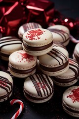 Obraz na płótnie Canvas Chocolate and peppermint macarons, Christmas dessert food photography