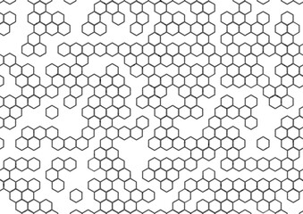 Hexagonal background with blank spaces. Cells with gray scale gradient and rounded wire frame decoration on the edges.