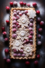 Obraz na płótnie Canvas Cranberry pie decorated with berries and snowflake-shaped dough cutouts, Christmas dessert idea food photography