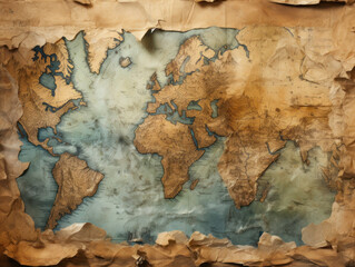 Old Map Paper with Worn Edges and Faded Geographical Details - obrazy, fototapety, plakaty