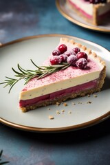 Cranberry cheesecake decorated with berries and rosemary, Christmas dessert idea food photography