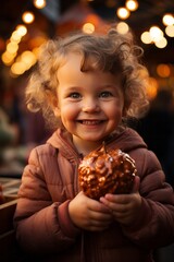 Naklejka premium Child enjoying a caramel apple at a local autumn carnival, Generative AI