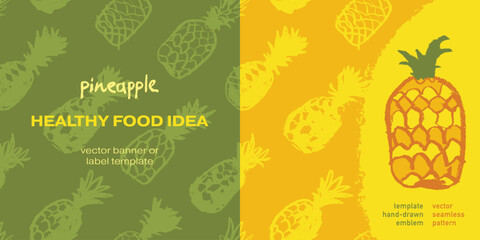 Vector seamless pattern with color hand drawn pineapple ornament. Healthy food idea banner template design. Organic ananas label template. Fruit and berries doodles for natural cosmetic design.