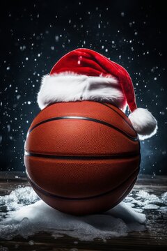 Close up of a basketball with a Santa hat. Illuminated ball on the floor. Snow is blowing.