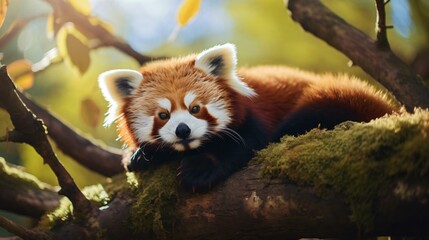 a red panda lying on a tree branch