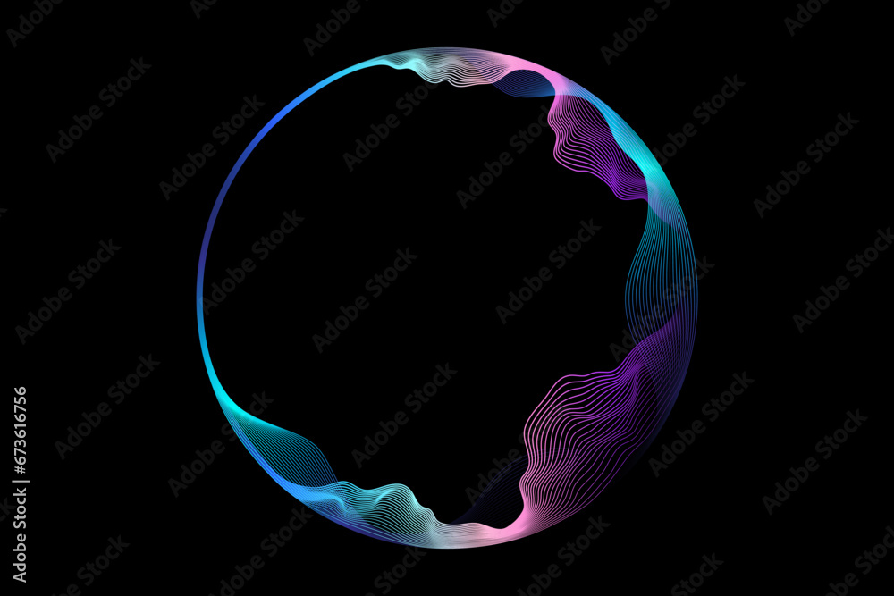 Fototapete Vector abstract circles lines wavy in round frame colorful spectrum light isolated on black background with empty space for text in concept technology, digital, music, science.
