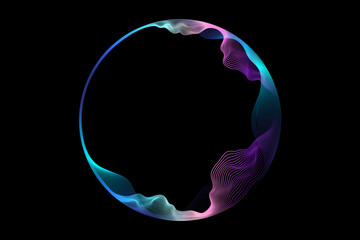 Vector abstract circles lines wavy in round frame colorful spectrum light isolated on black background with empty space for text in concept technology, digital, music, science. - 673616756