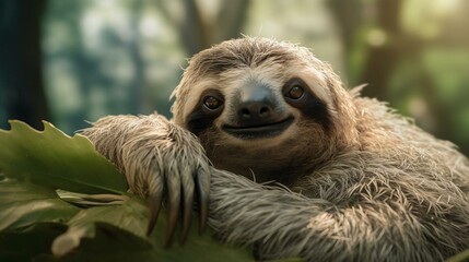 a sloth holding a baby sloth - obrazy, fototapety, plakaty