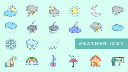 Hand drawn weather flat icon design. Weather doodle icon set. Sun, rain, snow, cloud, cloudy, rainy, temperature.
