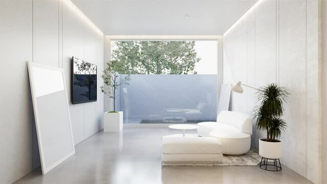 Animation minimal interior of the living room with a white base tone. 3D illustration render