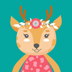 Cute deer with a flower crown. Vector illustration for childrens room decoration, posters, birthday greeting cards, T- shirt prints. head of an animal. Vector illustration. 