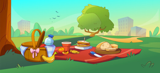 Picnic setup in city public park - sandwich, bread and fruit on blanket lying on grass of garden, basket with ready to eat food and water. Cartoon summer landscape of outdoor lunch and recreation.