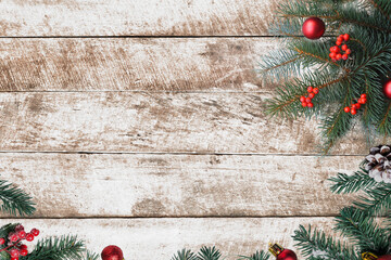 Christmas background - Christmas decorating elements and ornament rustic on white wood table. Creative Flat layout and top view composition with border and copy space design.