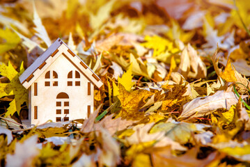 The symbol of the house stands among the fallen autumn leaves