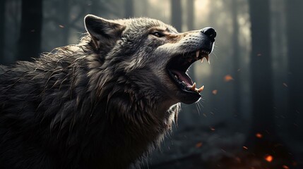 a wolf with its mouth open - obrazy, fototapety, plakaty