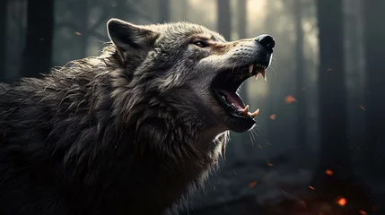 Foto op Plexiglas a wolf with its mouth open © KWY
