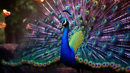 a peacock with its feathers spread