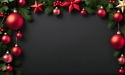 Fototapeta na wymiar Christmas tree branch decorations on a black background