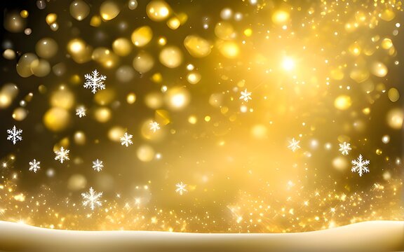 Gold Christmas background with snow and snowflakes
