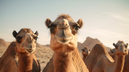 a group of camels in a desert - obrazy, fototapety, plakaty