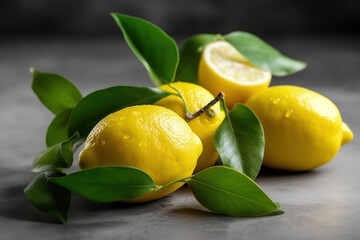 Fresh lemon with leaves on dark background