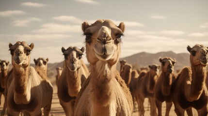 a group of camels in a desert - obrazy, fototapety, plakaty